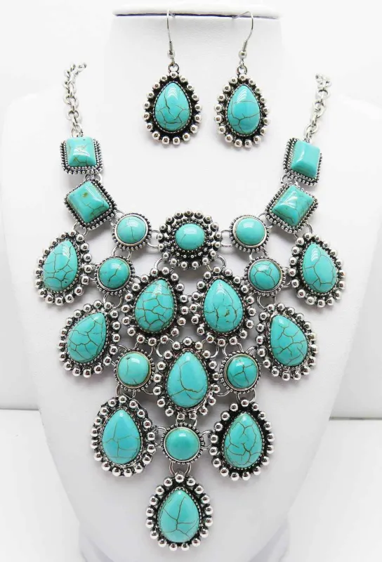 Silver Turquoise Necklace Set ( 3086 TQ ) made by Oh My Jewelry