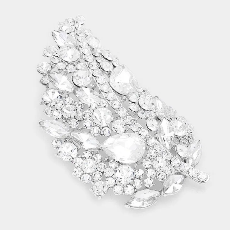 3 3/4" Clear Rhinestone with Silver Accent Leaf Brooch ( 06540 ) sold by Oh My Jewelry
