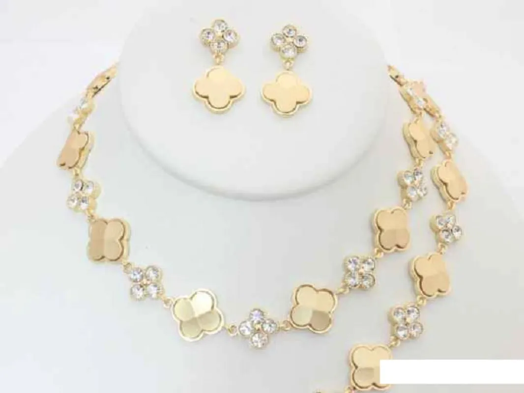 GOLD CLOVER NECKLACE SET CLEAR STONES ( 19258 G ) sold by Oh My Jewelry