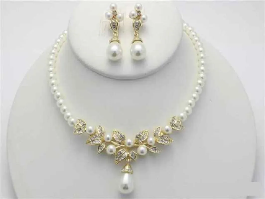 GOLD NECKLACE SET CREAM PEARLS CLEAR STONES ( 17794 GCR ) sold by Oh My Jewelry
