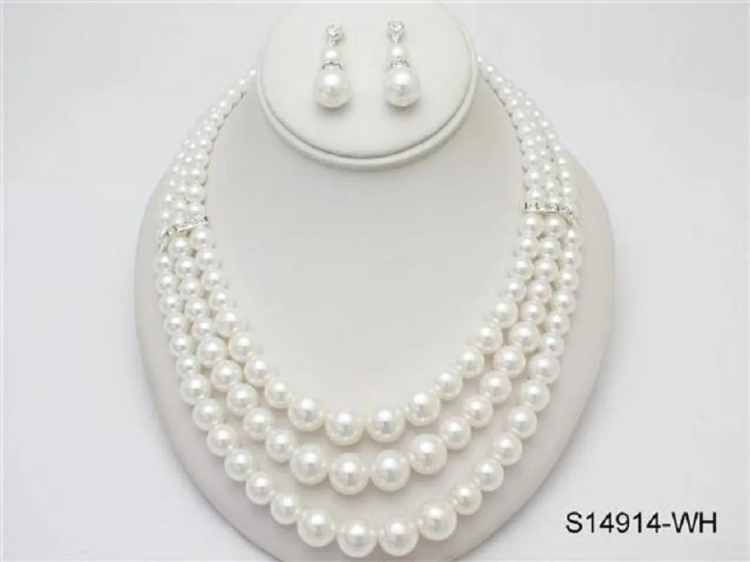 WHITE SILVER 3 LAYER PEARL NECKLACE SET CLEAR STONES ( 14914 SWH ) sold by Oh My Jewelry
