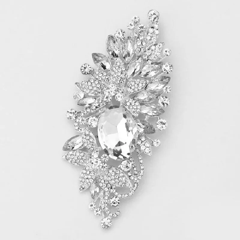 SILVER FLORAL BROOCH WITH CLEAR RHINESTONES ( 06236 ) made by Oh My Jewelry