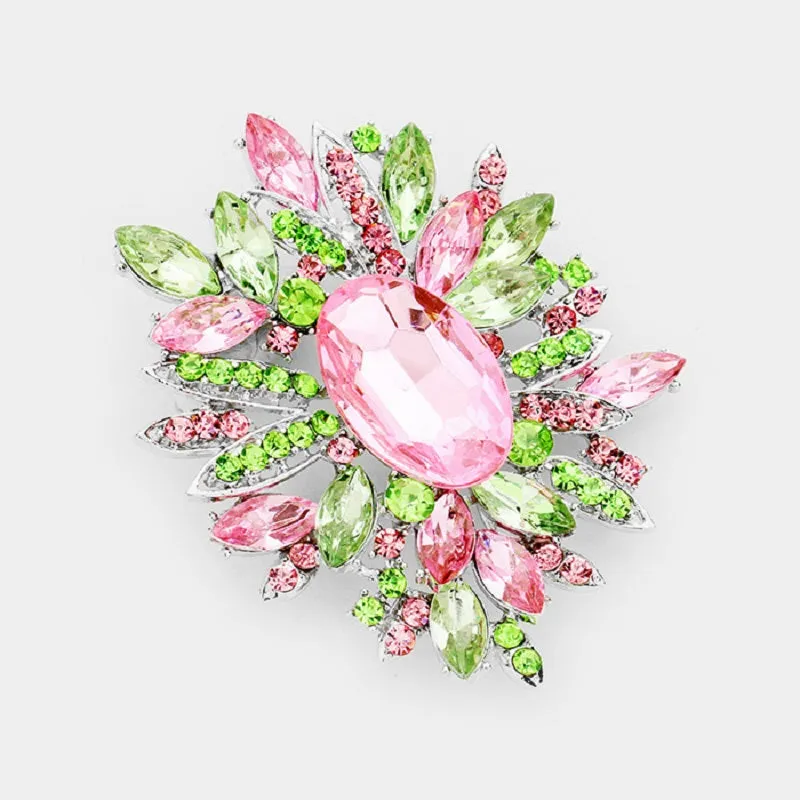 3" Silver Pink and Green Rhinestone Oval Brooch ( 0695 ) made by Oh My Jewelry