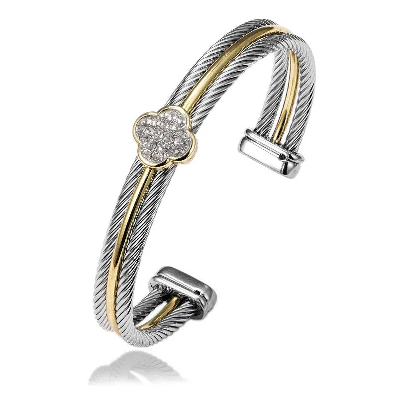 SILVER GOLD CABLE CUFF BANGLE CLEAR STONES ( 1017 PV ) sold by Oh My Jewelry