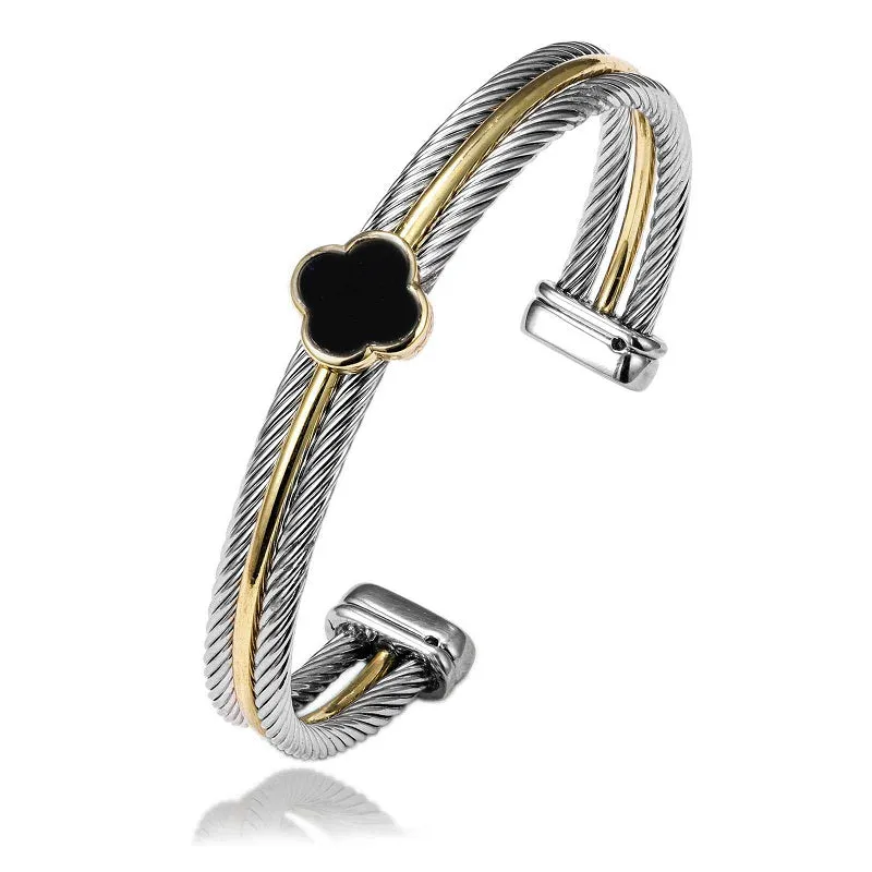 SILVER GOLD CABLE CUFF BANGLE BLACK STONE ( 1017 BK ) sold by Oh My Jewelry