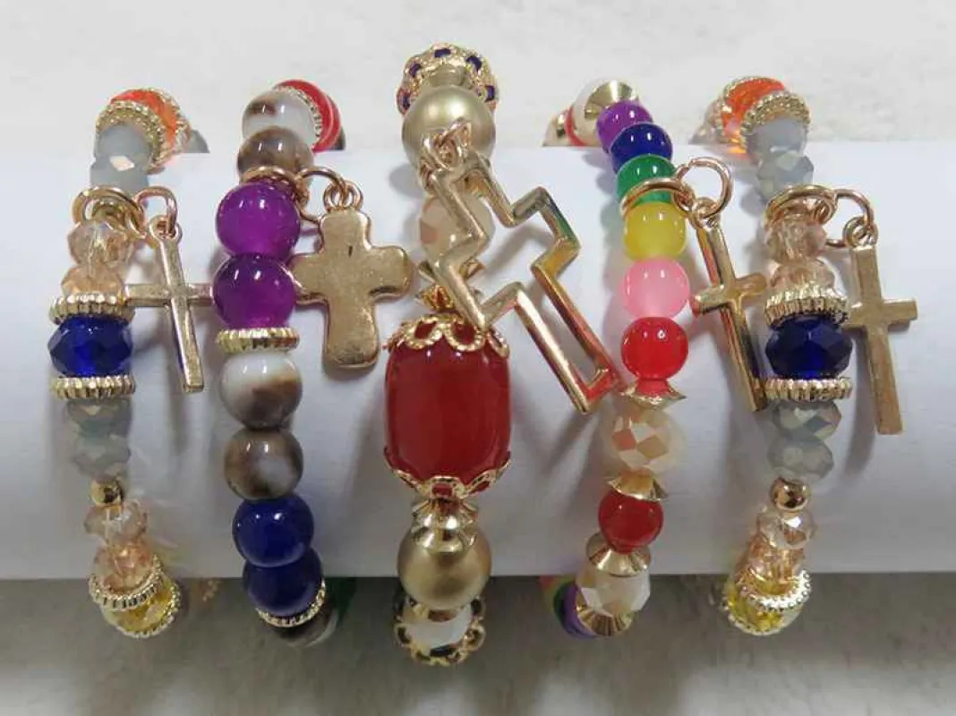 GOLD MULTI COLOR STRETCH BRACELETS CROSS CHARMS ( 5906MT ) sold by Oh My Jewelry