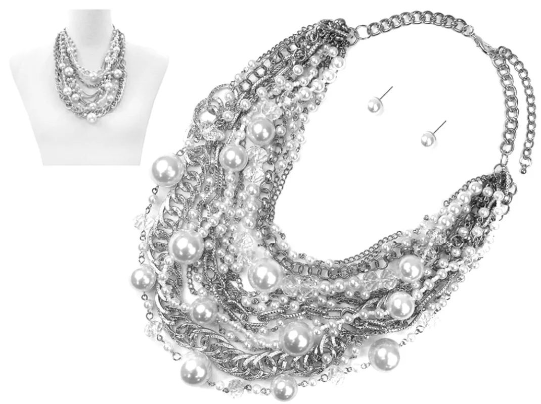 SILVER CHAIN WHITE PEARL NECKLACE SET ( 6192 RHWHP ) made by Oh My Jewelry