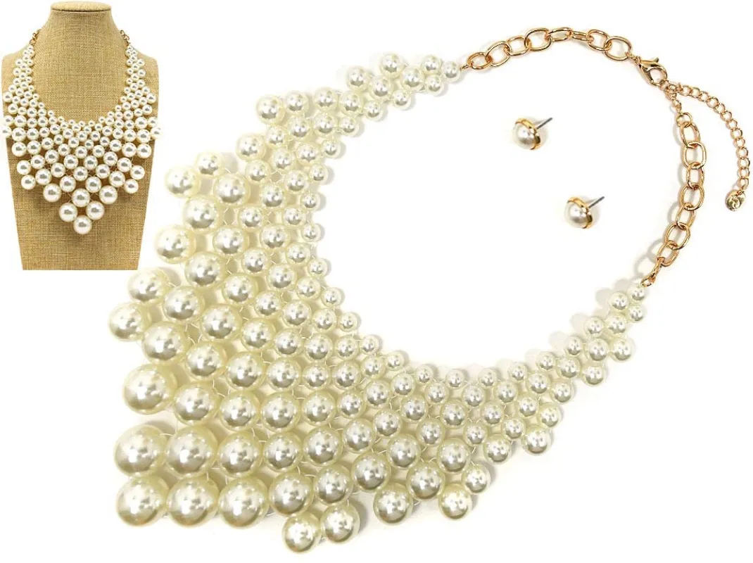GOLD CREAM PEARL NECKLACE SET ( 8328 GDCRP ) sold by Oh My Jewelry