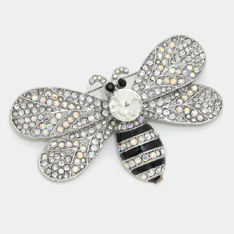 SILVER BEE BROOCH WITH CLEAR AND AB RHINESTONES ( 1136 ) sold by Oh My Jewelry
