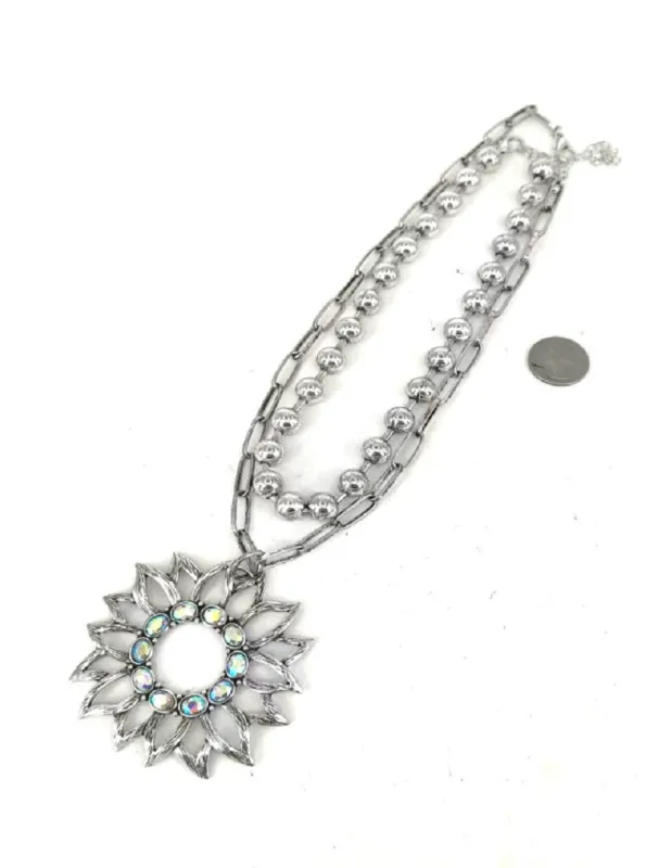 Silver Sunflower Necklace AB Stones ( 0227 SBAB ) sold by Oh My Jewelry