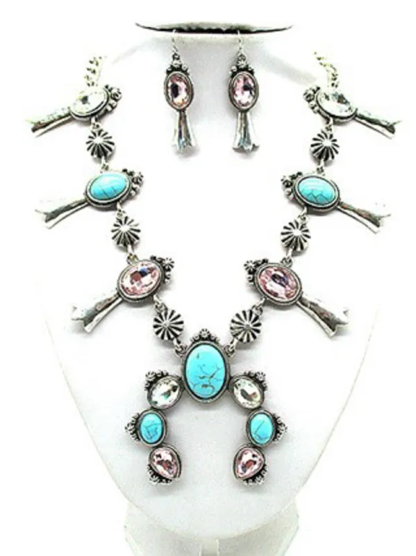 Silver Necklace Set Turquoise Pink Stones ( 2346 MUL ) sold by Oh My Jewelry