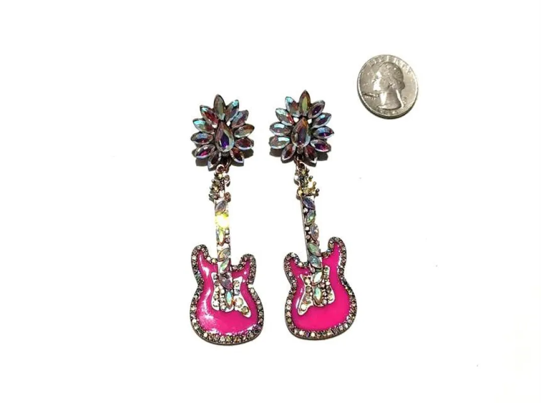 WESTERN CRYSTAL ENAMEL GUITAR EARRINGS ( 2474 CBPKAB ) made by Oh My Jewelry