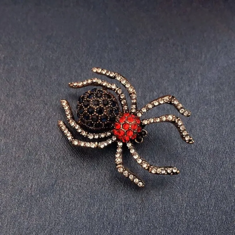 GOLD SPIDER BROOCH RED BLACK CLEAR STONES ( 10245 G ) made by Oh My Jewelry