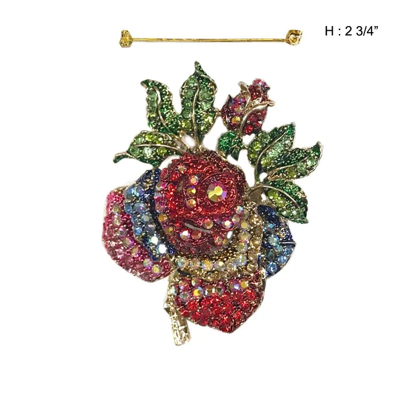 2 3/4" Gold Multi Color Rose Rhinestone Brooch Pin ( PQ74MT ) sold by Oh My Jewelry