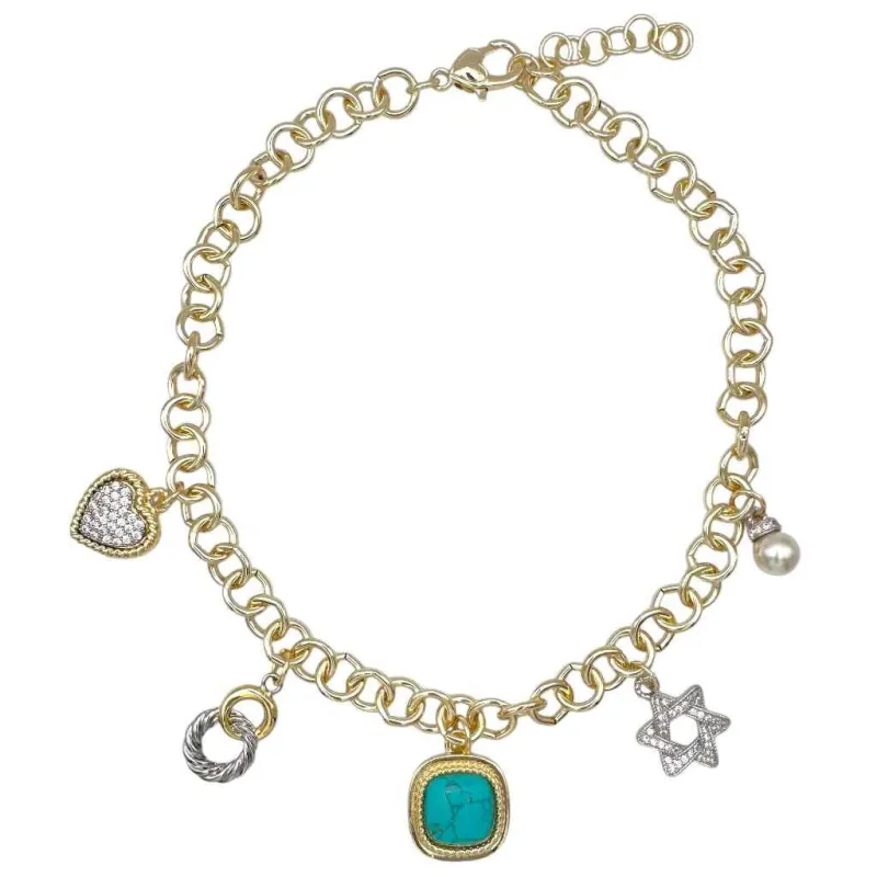 14K GOLD PLATED NECKLACE CHARMS TURQUOISE HEART CLEAR STONES ( 9962 G ) sold by Oh My Jewelry