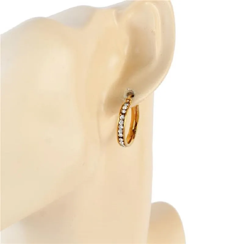 GOLD CLEAR RHINESTONES STAINLESS STEEL HOOP EARRINGS ( 559-20 ) sold by Oh My Jewelry