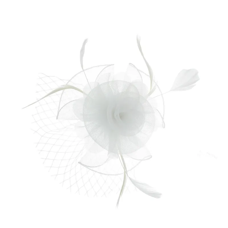 WHITE SMALL ROSE MESH FEATHER FASCINATOR ( 2187 WH ) sold by Oh My Jewelry