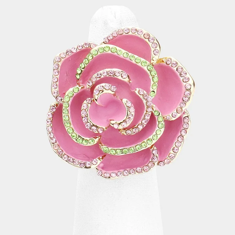 GOLD FLOWER STRETCH RING PINK GREEN STONES ( 1278 PKGN ) sold by Oh My Jewelry