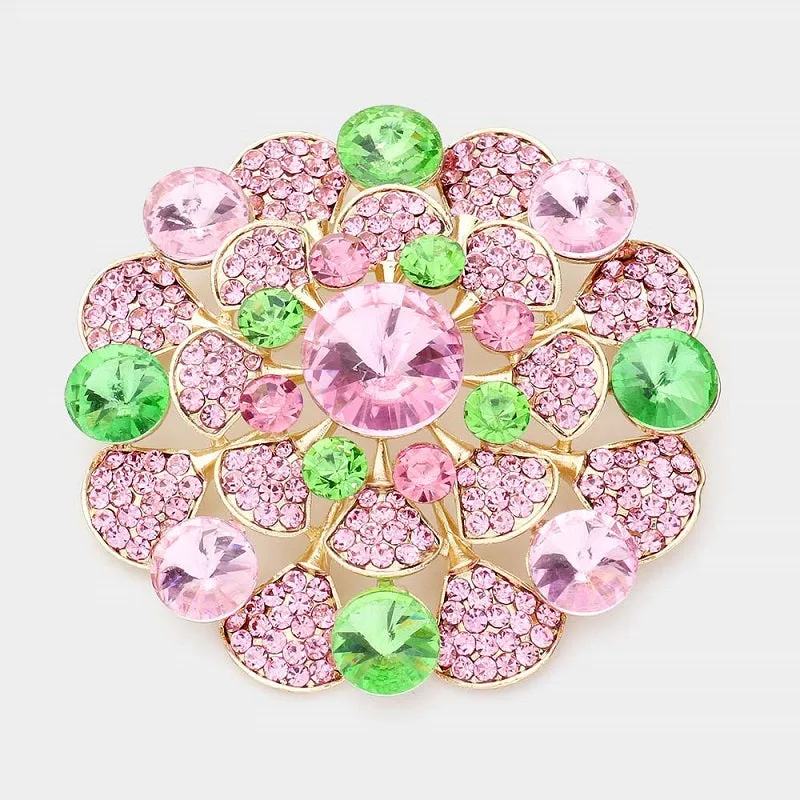 3'" GOLD PINK AND GREEN RHINESTONE FLOWER SHAPE BROOCH ( 1372 PKGR ) sold by Oh My Jewelry