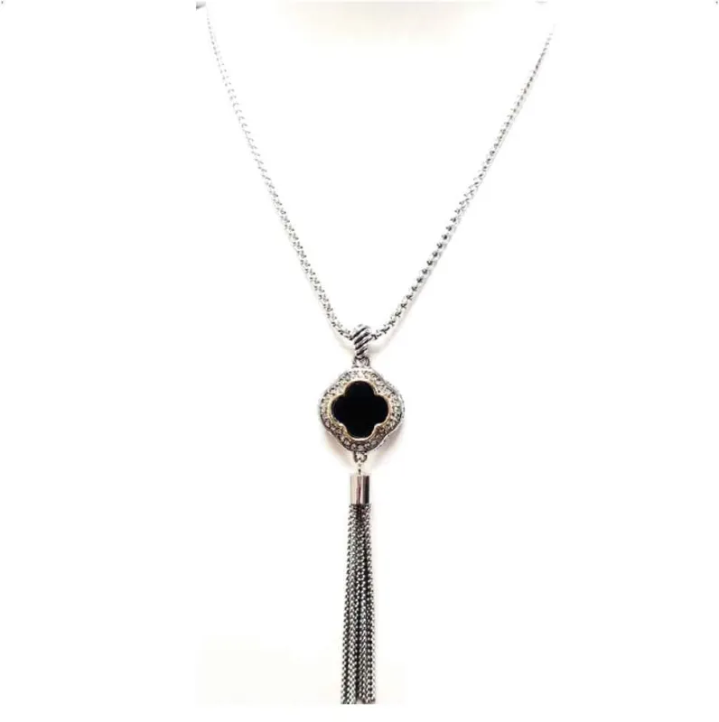 LONG SILVER GOLD NECKLACE QUATREFOIL BLACK STONES TASSEL ( 1121 BK ) sold by Oh My Jewelry