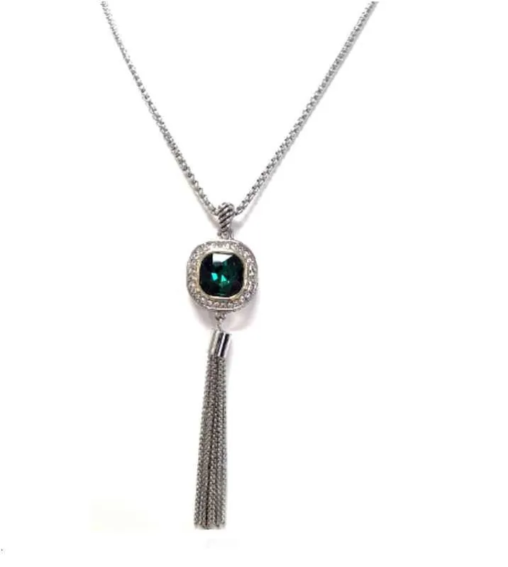 LONG SILVER NECKLACE GREEN STONE TASSEL ( 1124 EM ) sold by Oh My Jewelry