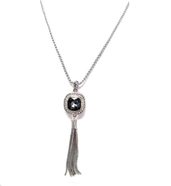 LONG SILVER NECKLACE BLACK STONE TASSEL ( 1124 BD ) sold by Oh My Jewelry