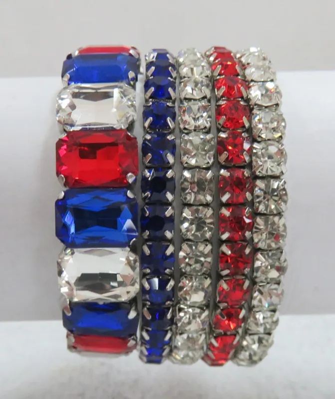 GOLD STRETCH BRACELETS RED CLEAR BLUE STONES ( 629 RWB ) sold by Oh My Jewelry