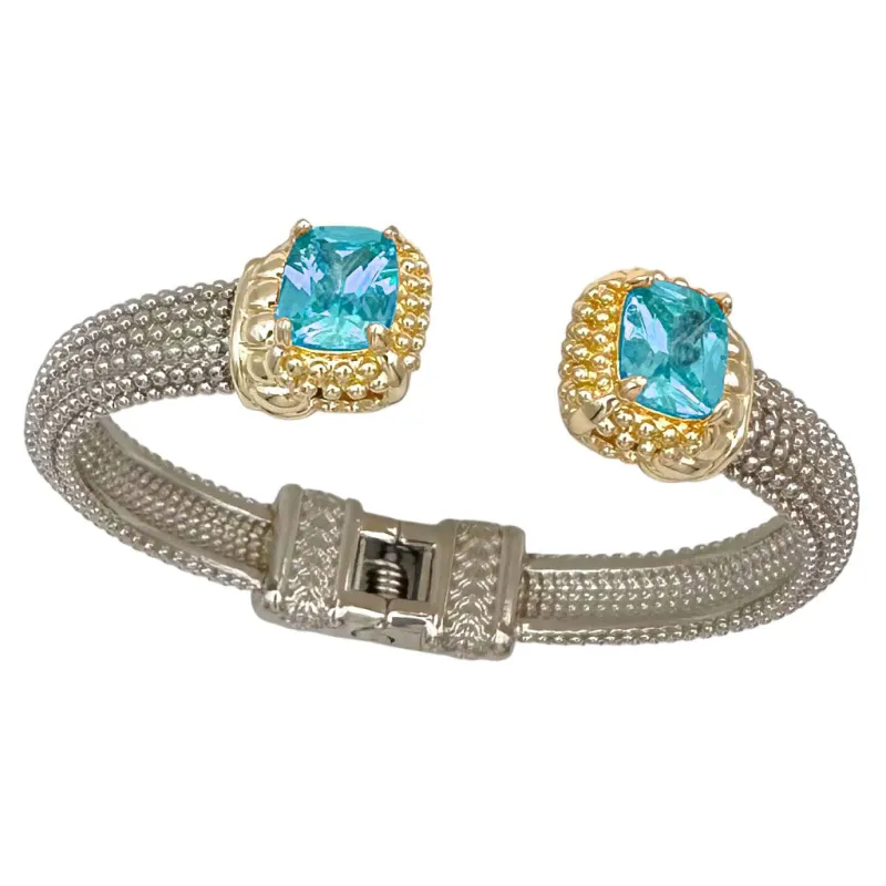 SILVER GOLD CUFF BANGLE BLUE STONES ( 9919 BB ) sold by Oh My Jewelry