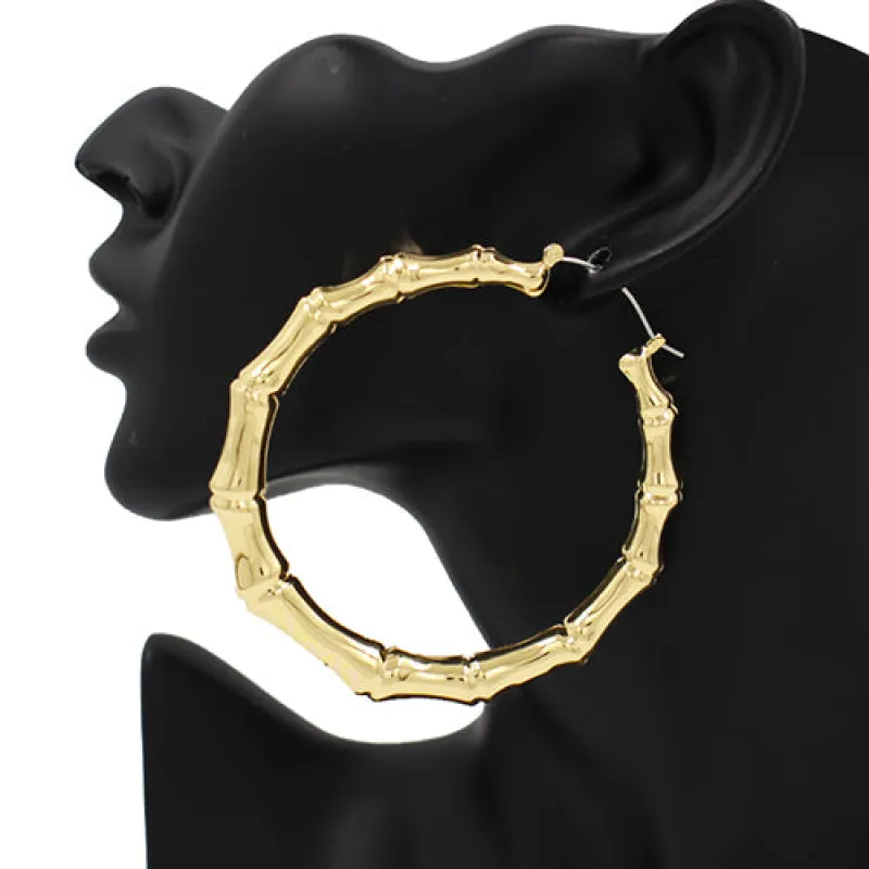 GOLD BAMBOO HOOP EARRINGS ( 3481 GD ) sold by Oh My Jewelry