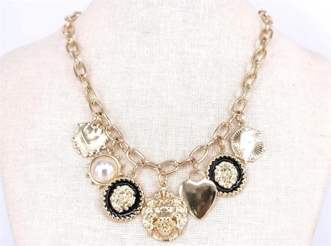 GOLD NECKLACE SET LION HEAD LIGHTNING CHARMS ( 2229 GDBKCR ) sold by Oh My Jewelry