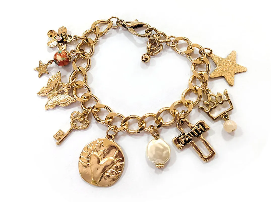 GOLD BRACELET BUTTERFLY HEART FAITH CROSS CHARMS ( 8946 GDMT ) sold by Oh My Jewelry