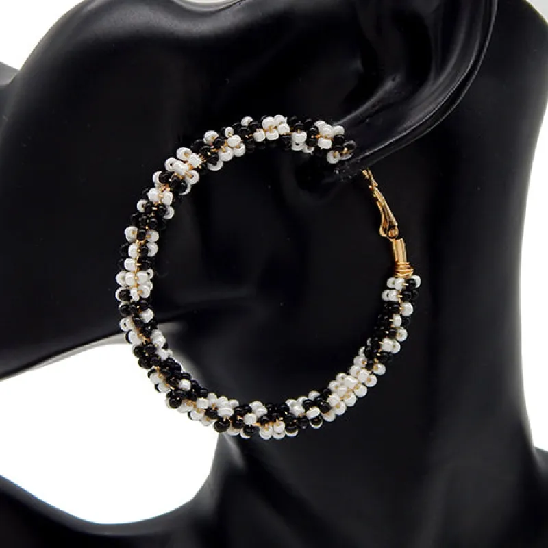 GOLD BLACK WHITE BEAD HOOP EARRINGS ( 3220 GDBW ) sold by Oh My Jewelry