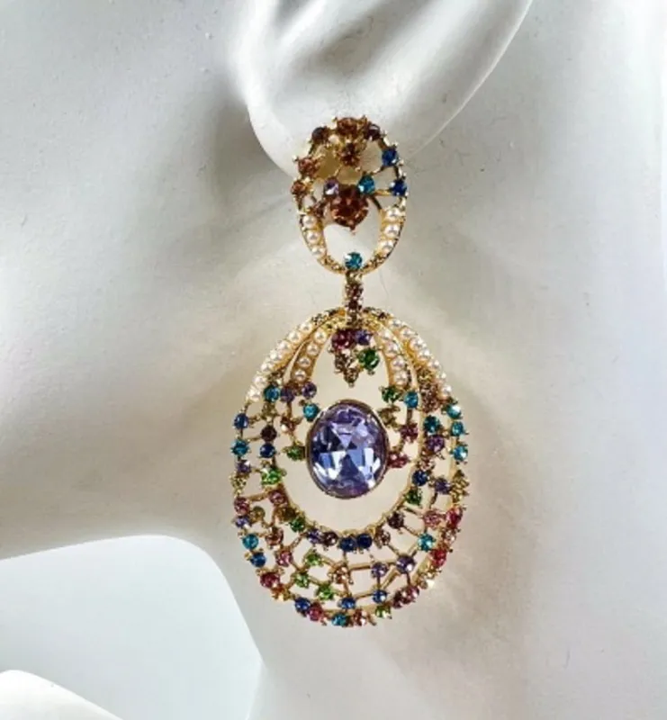 GOLD MULTICOLOR CRYSTAL EARRINGS ( 046 2MX ) sold by Oh My Jewelry