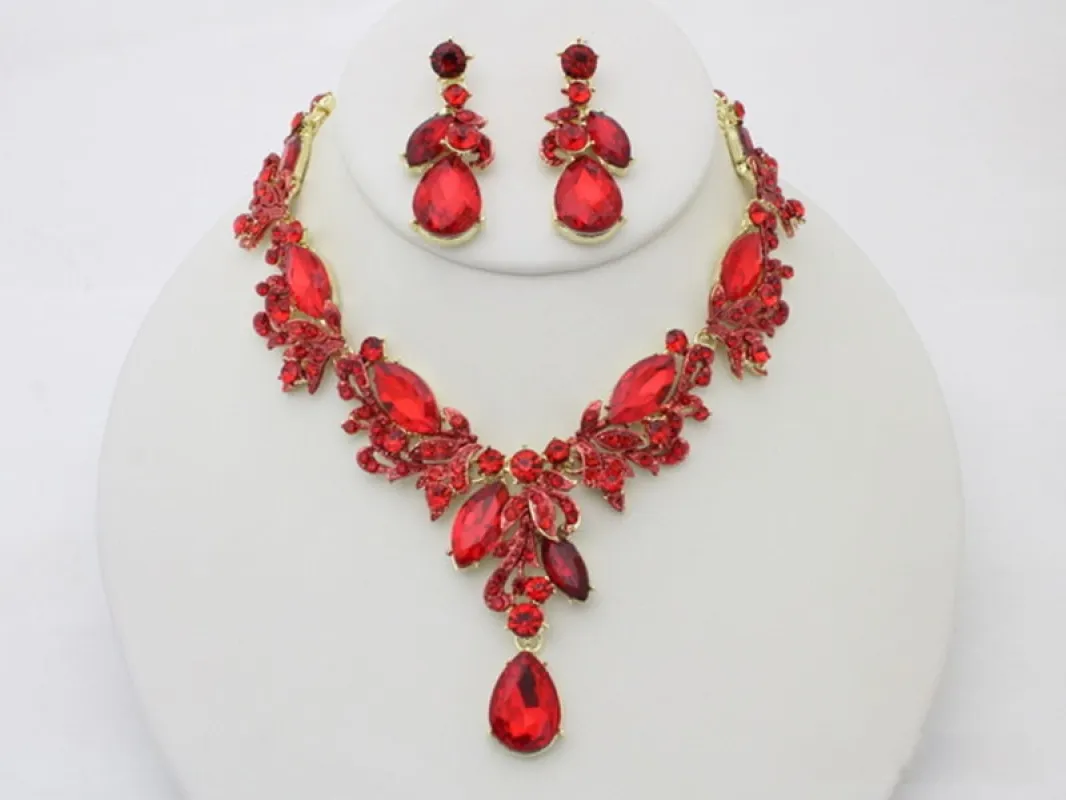 GOLD NECKLACE SET RED TEARDROP DROP STONES ( 20710 GRED ) made by Oh My Jewelry