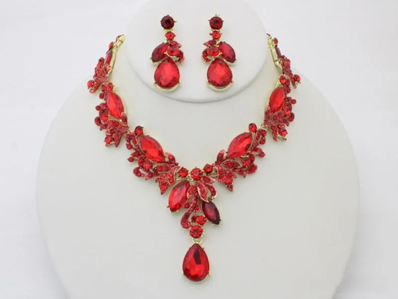GOLD NECKLACE SET RED TEARDROP DROP STONES ( 20710 GRED ) sold by Oh My Jewelry