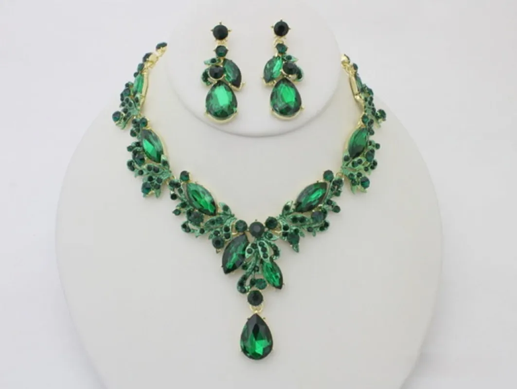 GOLD NECKLACE SET EMERALD GREEN TEARDROP DROP STONES ( 20710 GEME ) sold by Oh My Jewelry