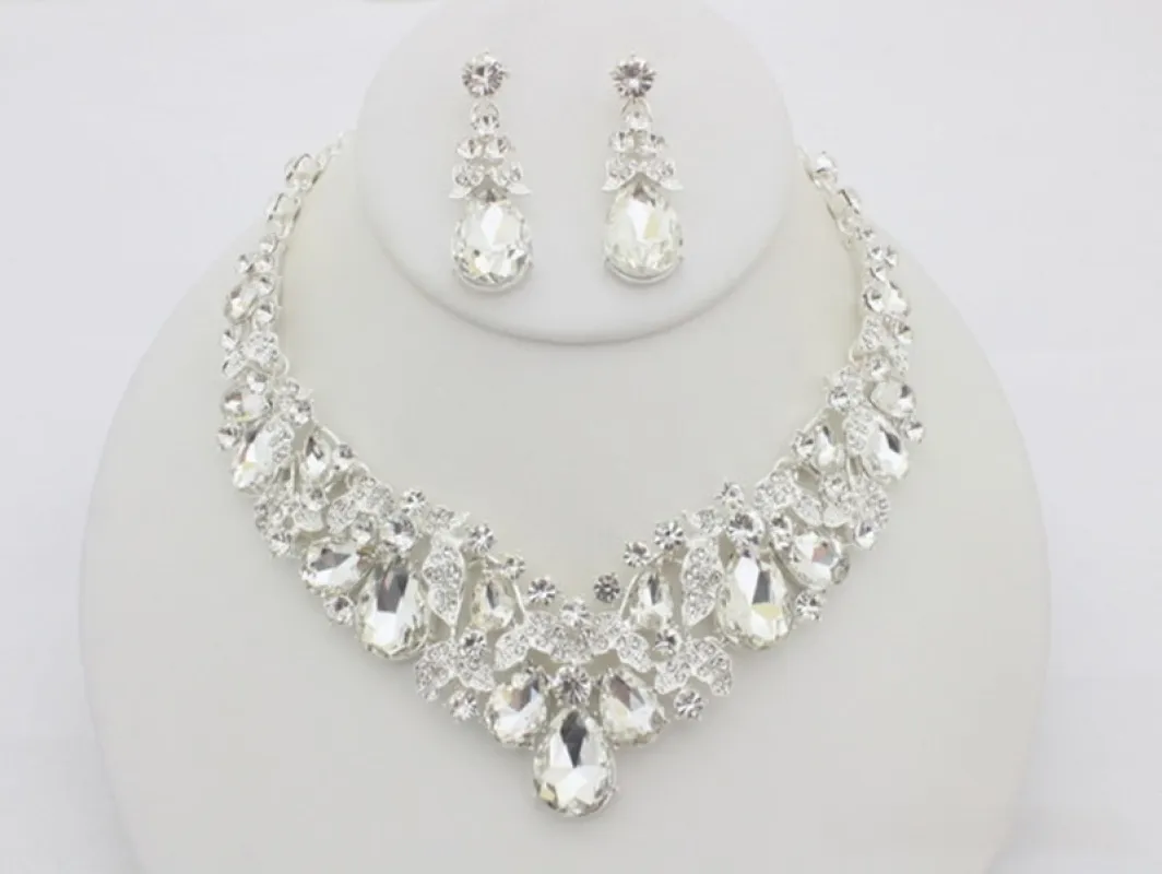 SILVER NECKLACE SET CLEAR TEARDROP STONES ( 20709 SCL ) sold by Oh My Jewelry
