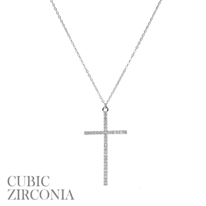 SILVER NECKLACE CROSS CLEAR CZ STONES ( 18371 CRR ) sold by Oh My Jewelry