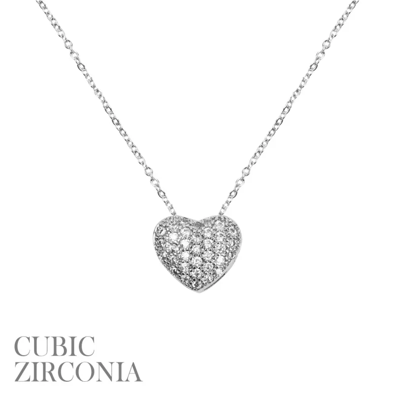 SILVER HEART PENDANT NECKLACE CLEAR CZ CUBIC ZIRCONIA STONES ( 18299 VCRR ) sold by Oh My Jewelry