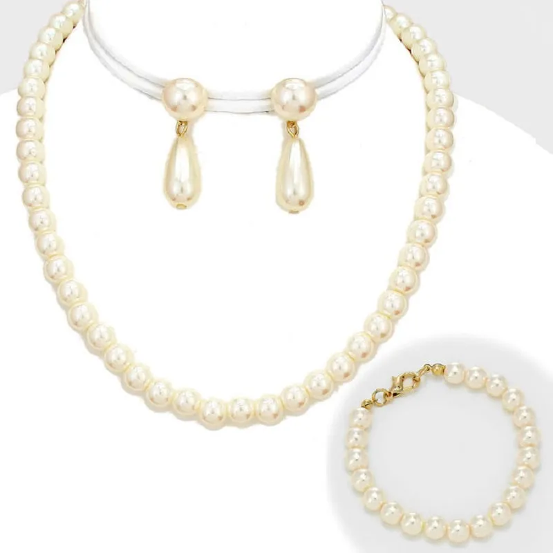 3 Piece 10mm Cream Pearl Necklace, Earrings, and Bracelet Set ( 3275 ) sold by Oh My Jewelry