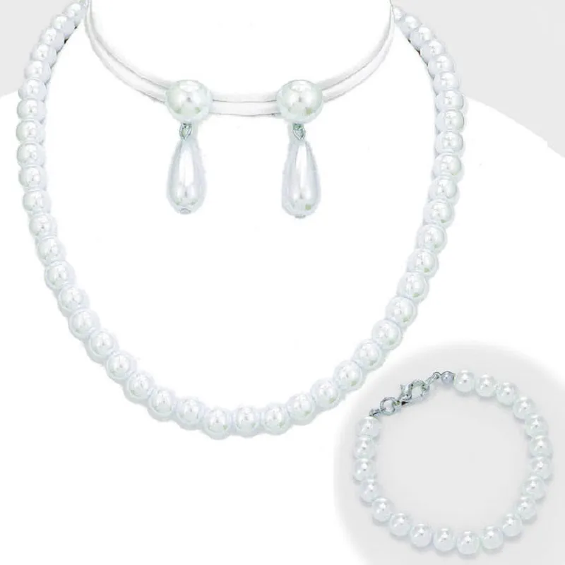 3 Piece 10mm White Pearl Necklace, Earrings, and Bracelet Set ( 3275 ) sold by Oh My Jewelry