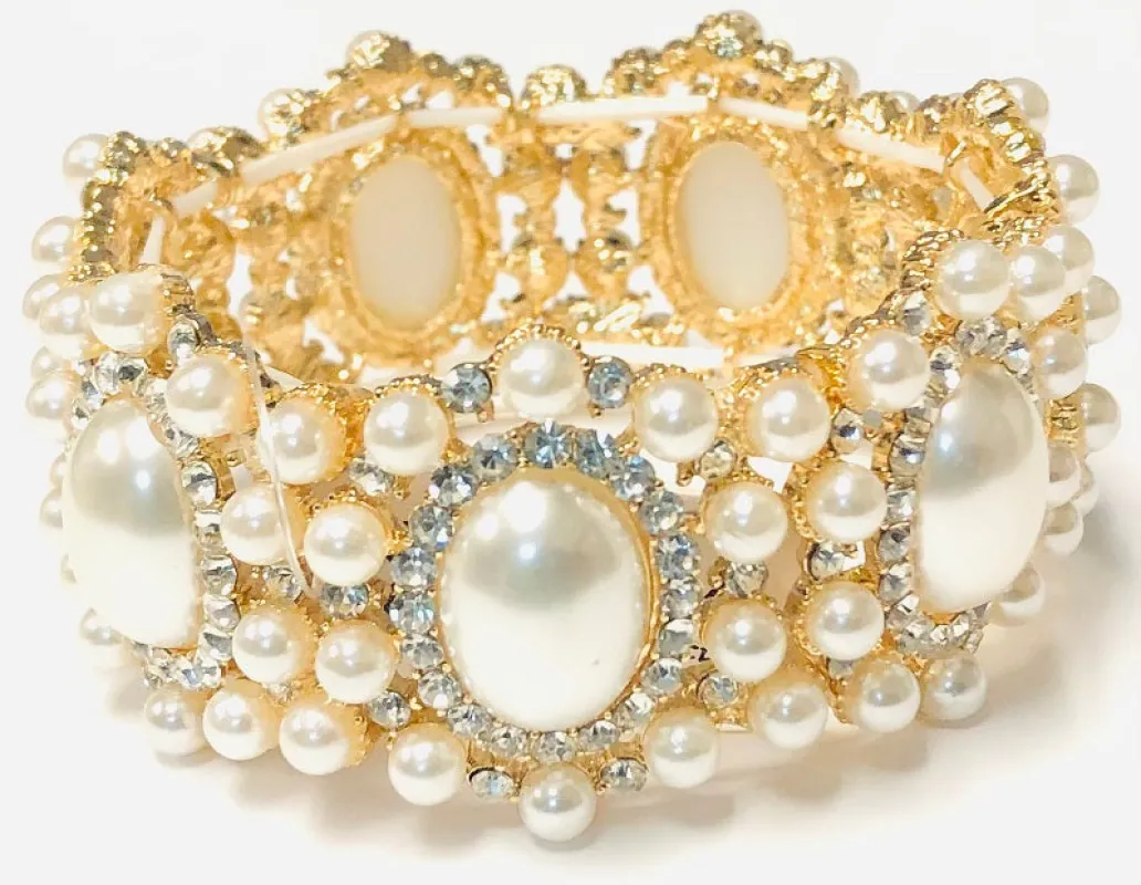 Gold CREAM PEARL Stretch Bracelet CLEAR Stones ( 193 GCR ) sold by Oh My Jewelry