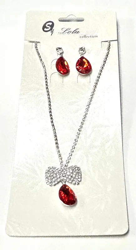 SILVER NECKLACE SET CLEAR RED STONES ( 1163 SVRE ) made by Oh My Jewelry