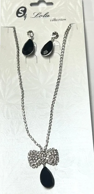 SILVER NECKLACE SET CLEAR BLACK STONES ( 1163 SVBK ) sold by Oh My Jewelry