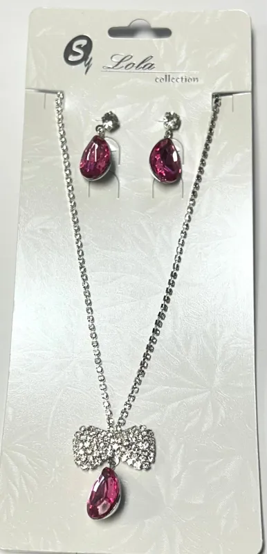 SILVER NECKLACE SET CLEAR PINK STONES ( 1163 SVPK ) sold by Oh My Jewelry