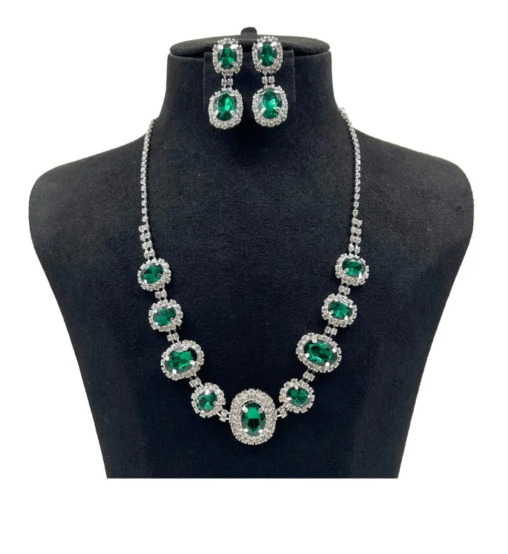 SILVER NECKLACE SET CLEAR GREEN STONES ( 0851 1G ) sold by Oh My Jewelry