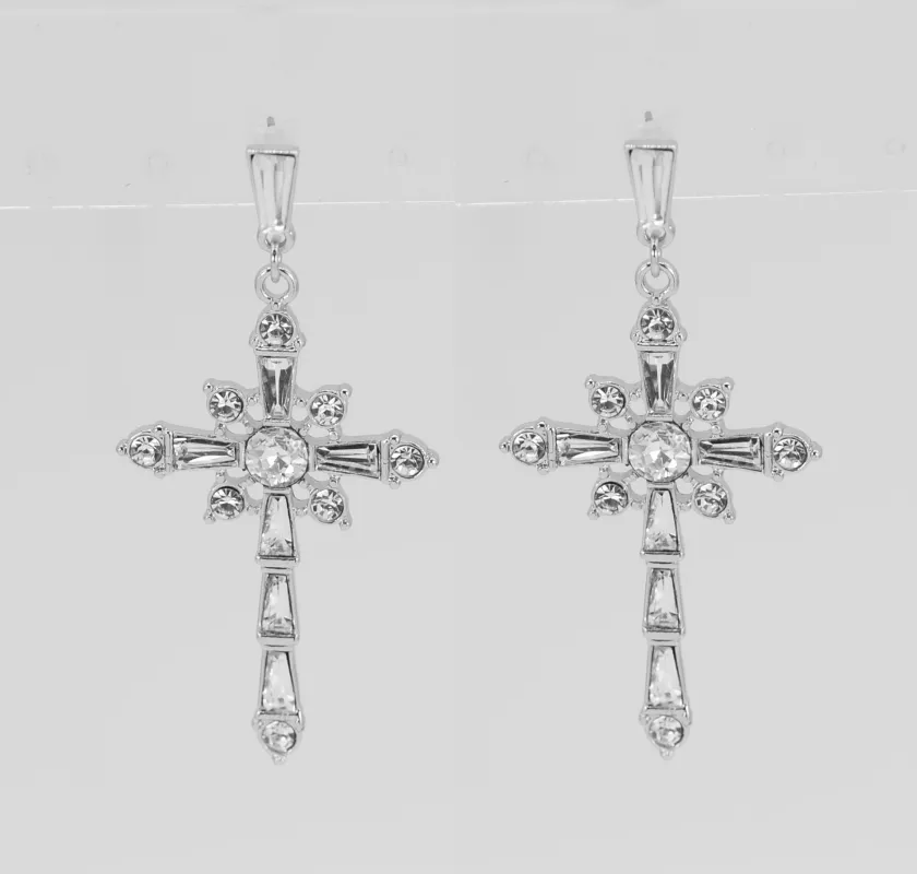 DANGLING SILVER CROSS EARRINGS CLEAR STONES ( 5298 SLCRY ) sold by Oh My Jewelry