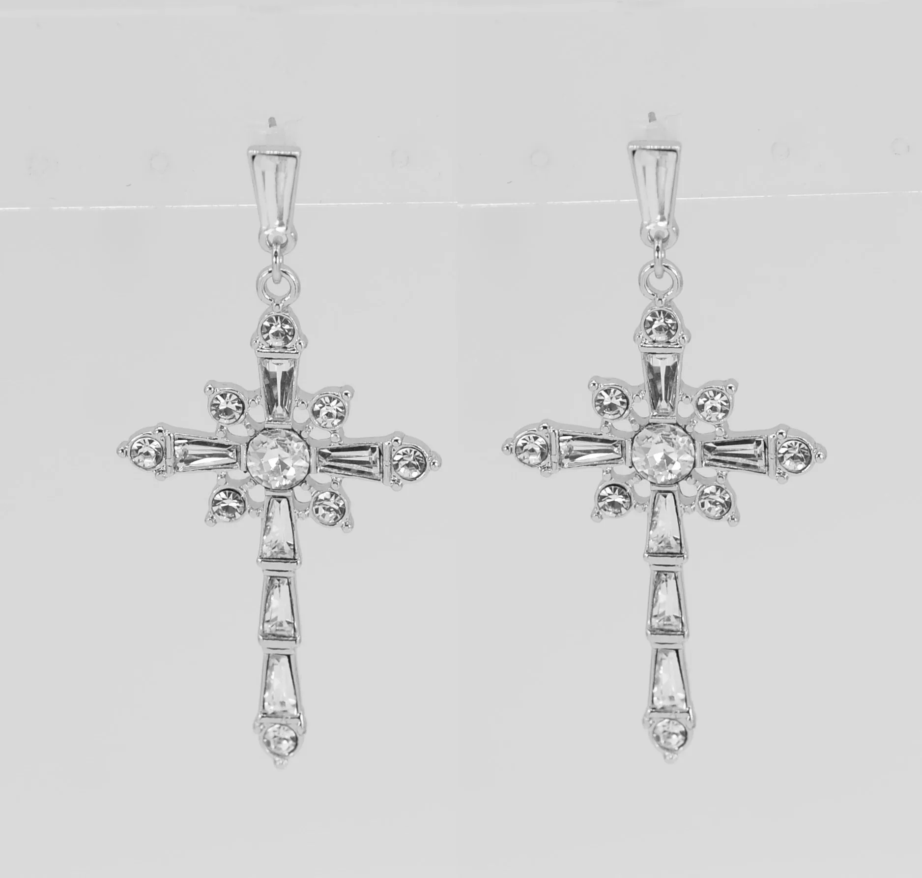DANGLING SILVER CROSS EARRINGS CLEAR STONES ( 5298 SLCRY ) sold by Oh My Jewelry