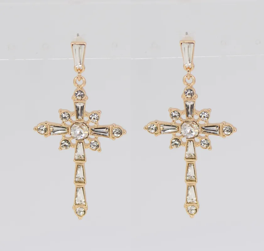 DANGLING GOLD CROSS EARRINGS CLEAR STONES ( 5298 GLCRY ) sold by Oh My Jewelry