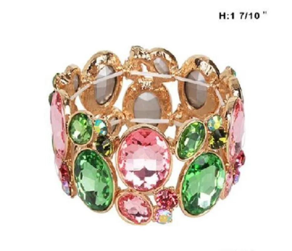 Pink and Green Stone Stretch Bracelet with Gold Accents (BQ 6 GPL ) sold by Oh My Jewelry